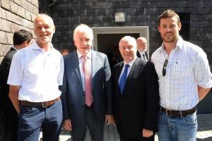 Minister of State at the Department of Transport, Tourism and Sport Michael Ring, Minister Jimmy Deenihan with builders Jerry Costelloe and Ciaran Slattery at the re-opening.