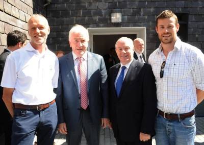 Minister of State at the Department of Transport, Tourism and Sport Michael Ring, Minister Jimmy Deenihan with builders Jerry Costelloe and Ciaran Slattery at the re-opening.
