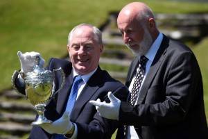 Minister of State at the Department of Transport, Tourism and Sport Michael Ring and John McMahon, OPW Commissioner, pictured admiring a silver trophy presented in 1813 to Daniel O'Connell, The Liberator, by the Merchants of the Liberties which was one of many items restored during the 1.25million euro refurbishment of Derrynane House in County Kerry and which re-opened to the public on Tuesday. Derrynane House was the home of Daniel O'Connell and has been extensively restored. Picture by Don MacMonagle.