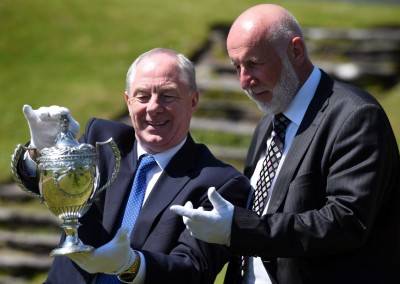 Minister of State at the Department of Transport, Tourism and Sport Michael Ring and John McMahon, OPW Commissioner, pictured admiring a silver trophy presented in 1813 to Daniel O'Connell, The Liberator, by the Merchants of the Liberties which was one of many items restored during the 1.25million euro refurbishment of Derrynane House in County Kerry and which re-opened to the public on Tuesday. Derrynane House was the home of Daniel O'Connell and has been extensively restored. Picture by Don MacMonagle.